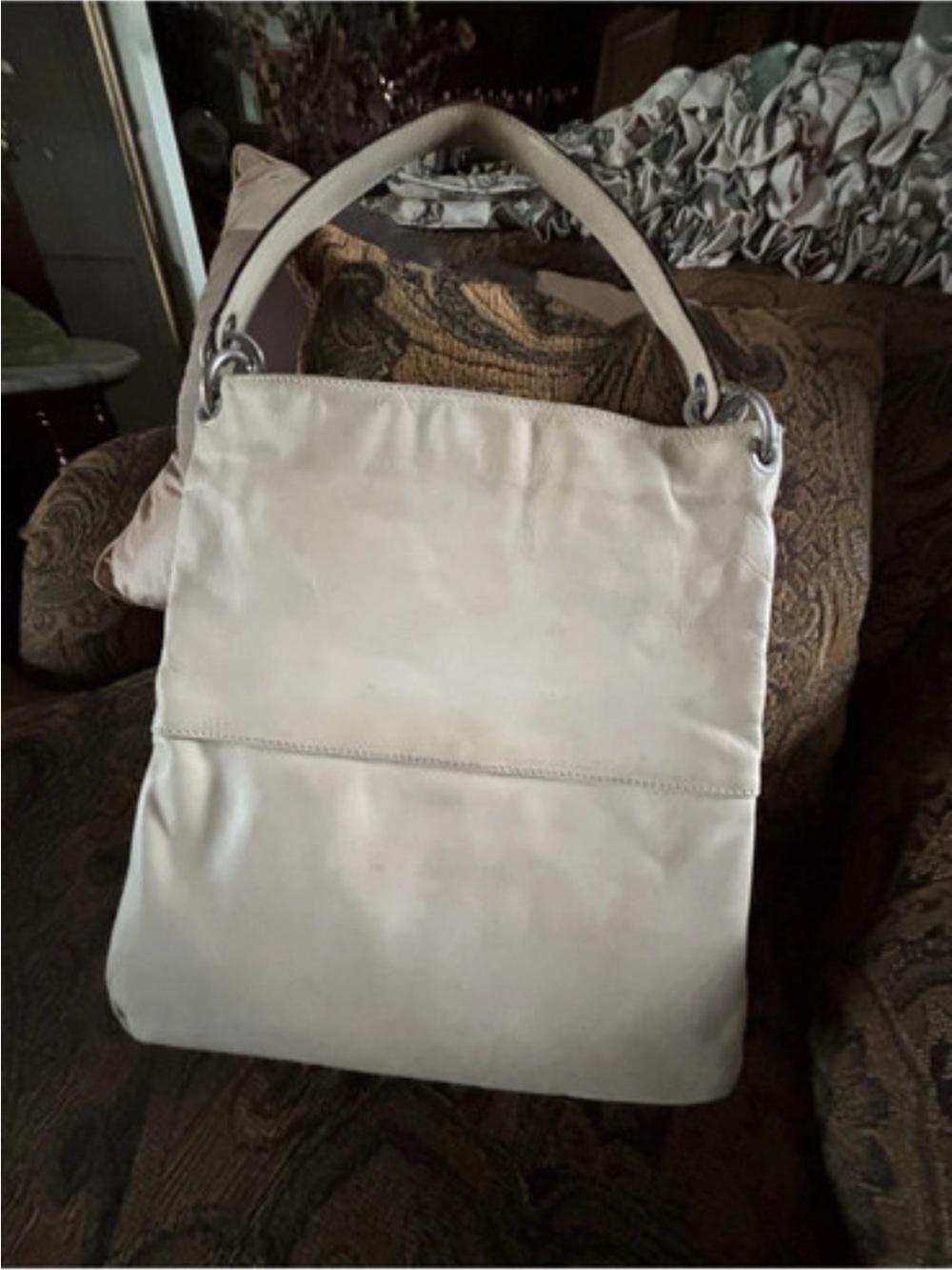 Cream Leather Shoulder Tote Bag